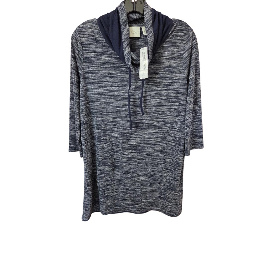 Zenergy by Chico's Woman's Blue 3/4 Sleeve Tie Cowl Neck Pullover Top Size 1